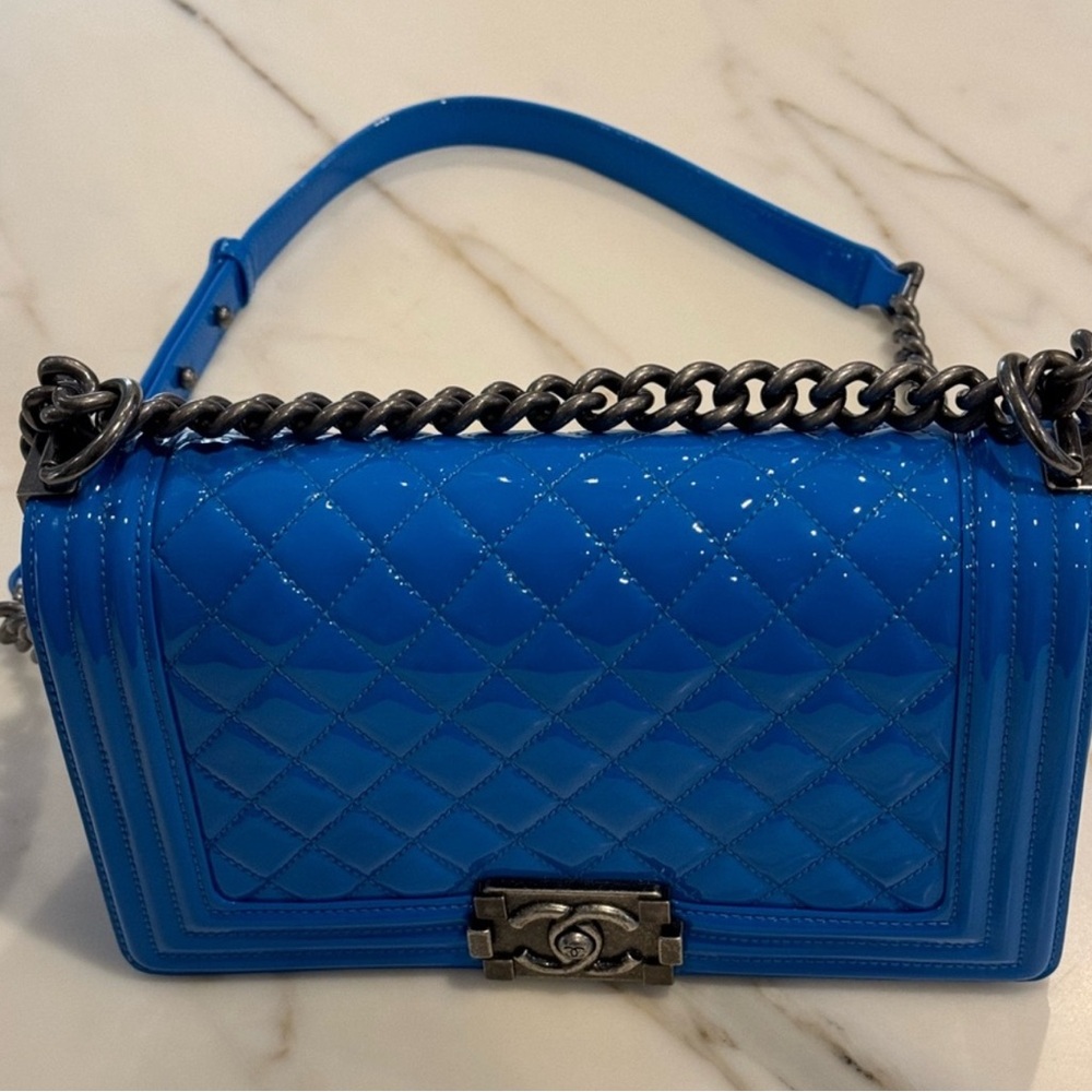 CHANEL Blue Quilted Crossbody Bag with Chain Strap